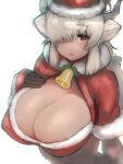  2_horns :d animal_humanoid bell big_breasts blush bovid bovid_humanoid bovine bovine_humanoid breasts brown_eyes capelet christmas christmas_clothing christmas_headwear cleavage clothed clothing costume female gloves hair hair_over_eye handwear hat headgear headwear hi_res holidays horn huge_breasts humanoid kemono_friends long_hair mammal mammal_humanoid one_eye_obstructed open_mouth santa_costume santa_hat shibori_kasu smile solo white_hair yak_(kemono_friends) yak_humanoid 