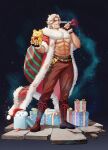  &gt;_o 1boy abs bara beard belt blue_eyes boots box brown_gloves brown_pants cape christmas cookie_run eggnog_cookie facial_hair fingerless_gloves fur-trimmed_cape fur_trim gift gift_box gloves highres holding holding_sack holding_stuffed_toy large_pectorals looking_at_viewer male_focus muscular muscular_male mustache navel ninomiya_reisui_(chieh_ren) nipples one_eye_closed pants pectorals red_cape sack santa_boots santa_costume smile solo stuffed_animal stuffed_toy teddy_bear teeth 