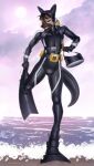  anthro beach bulge canid canine canis catsuit_(disambiguation) clothing costume domestic_dog fin hi_res latex male mammal mask peschinka pose rubber sea seaside shiny_(disambiguation) sky solo standing suit sunset water wetsuit 