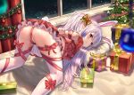  1girl animal_ears ass bdsm blush bondage bound christmas christmas_tree from_behind gift highres legs looking_at_viewer nay night original panties rabbit_ears ribbon smile solo thighhighs thighs twintails underwear white_hair white_legwear window 