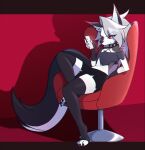  1girl animal_ears animal_feet black_shorts collar crop_top dking_05 frown helluva_boss leg_up long_hair looking_at_phone looking_at_viewer loona_(helluva_boss) phone red_background red_eyes shadow shorts slouching spiked_collar spikes tail thighhighs white_hair wolf wolf_ears wolf_tail 