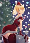  1girl :3 aqua_eyes bell belt blonde_hair blurry blurry_background blush boku_no_edamame bracelet chain choker christmas christmas_lights christmas_tree dress eyebrows_visible_through_hair gloves hair_between_eyes half_gloves hat highres hololive jewelry kazama_iroha light_particles lights looking_at_viewer looking_back night off-shoulder_dress off_shoulder outdoors ponytail red_choker red_dress red_gloves red_headwear red_legwear sack santa_costume santa_dress santa_hat short_sleeves sidelocks smile solo sparkle thighhighs virtual_youtuber 