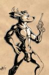  anthro antlers balls boneitis capreoline cervid charcoal_(artwork) circumcised flaccid genitals gun hand_on_hip handgun horn ink looking_aside male mammal muscular muscular_male nude penis ranged_weapon revolver soft solo traditional_media_(artwork) weapon white-tailed_deer 