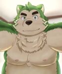  2021 anthro belly blush canid canine canis domestic_dog fur green_body green_fur guratan_wa kemono lifewonders live-a-hero male mammal mokdai moobs nipples overweight overweight_male solo video_games 