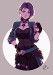  1girl benoit_picard black_gloves black_pants blue_hair bodice breasts choker cleavage collarbone cowboy_shot fire_emblem fire_emblem:_three_houses gloves green_jacket highres jacket large_breasts looking_at_viewer open_clothes open_jacket pants purple_eyes shamir_nevrand short_hair solo 