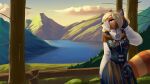  ailurid blonde_hair bunad clothing cloud dress evergreen_tree female fence feretta feretta_(character) fjord fur grass hair hi_res landscape mammal mountain orange_body orange_fur pine_tree plant red_panda scenery sky tan_body tan_fur traditional_dress tree white_body white_fur 