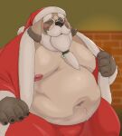  2021 anthro beard belly blush bottomwear brown_body brown_fur canid canine canis christmas christmas_clothing christmas_headwear clothing domestic_dog eyes_closed eyewear facial_hair fur glasses hat headgear headwear hi_res holidays humanoid_hands kemono male mammal mature_male moobs navel nipples o_miso_n overweight overweight_male pants santa_claus santa_hat solo 