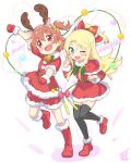  2girls animal_ears antlers arm_up bandaid bandaid_on_knee bangs bell black_legwear blonde_hair boots bow brown_hair capelet commentary_request deer_ears dress eyebrows_visible_through_hair fake_animal_ears fake_antlers fur-trimmed_boots fur-trimmed_capelet fur-trimmed_dress fur-trimmed_mittens fur-trimmed_shorts fur-trimmed_sleeves fur_trim green_bow green_eyes hair_between_eyes hair_ornament heart himesaka_noa hoshino_hinata jacket jigatei_(omijin) jump_rope knee_boots long_sleeves merry_christmas multiple_girls one_side_up red_capelet red_dress red_eyes red_footwear red_jacket red_mittens red_shorts reindeer_antlers short_shorts shorts signature standing standing_on_one_leg star_(symbol) star_hair_ornament thighhighs thighhighs_under_boots watashi_ni_tenshi_ga_maiorita! white_background 