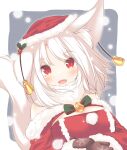  1girl :d animal_ear_fluff animal_ears bell blush breasts brown_mittens christmas cleavage cleavage_cutout clothing_cutout commentary_request daidai_ookami dress fang fur-trimmed_headwear fur-trimmed_sleeves fur_trim inubashiri_momiji long_hair long_sleeves looking_at_viewer medium_breasts mittens red_dress red_eyes red_headwear smile snowflake_print solo tail touhou upper_body white_hair wolf_ears wolf_girl wolf_tail 