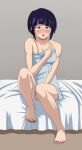  1girl bare_legs bed bedroom black_eyes black_hair blush boku_no_hero_academia covering covering_breasts highres jirou_kyouka looking_at_viewer nail_polish naked_towel no-pornography on_bed open_mouth short_hair sitting sitting_on_bed solo towel 