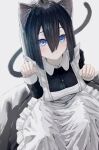  1girl animal_ears black_hair blue_eyes blush cat_ears hair_between_eyes hands_up isarameme long_hair looking_at_viewer looking_up maid original simple_background sitting smile solo tail white_background 