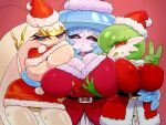  anthro big_breasts bodily_fluids breast_squish breasts breasts_frottage christmas christmas_clothing christmas_headwear cleavage clothed clothing costume female gardevoir group hat hatterene headgear headwear holidays huge_breasts humanoid licking licking_lips looking_at_viewer nintendo nipple_outline pheromosa pok&eacute;mon pok&eacute;mon_(species) red_background santa_costume santa_hat simple_background squish sweat tongue tongue_out ultra_beast under_boob video_games wawo 
