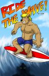  5_fingers 5_toes absurd_res anthro aquatic_dragon athletic athletic_anthro athletic_male barefoot being_watched blonde_hair blue_bottomwear blue_clothing blue_eyes blue_shorts bottomwear brown_body brown_fur canid canine canis clothed clothing cloud comic cover cover_art cover_page domestic_dog dragon duo ear_fins ear_frill feet fin fingers frill_(anatomy) fur guss_(vju79) hair hi_res looking_at_another looking_at_viewer male mammal marine nipples outside sea shadowy_figure shorts silhouette sky smile surfboard surfing toes topless topless_male underwater vju79 water wave wolf yellow_sclera 