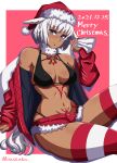  1girl absurdres animal_ears arm_support artist_name bangs bare_shoulders bikini black_bikini blue_eyes blush body_markings breasts caenis_(fate) carrying_over_shoulder cleavage closed_mouth coat commentary cutoffs dark-skinned_female dark_skin dated eyebrows_visible_through_hair fate/grand_order fate_(series) fur_collar groin hair_between_eyes hat highleg highleg_bikini highres holding holding_sack long_hair long_sleeves looking_at_viewer medium_breasts merry_christmas midriff moussaka navel off_shoulder open_clothes open_coat red_background red_coat red_headwear red_legwear red_shorts sack santa_hat short_shorts shorts sidelocks sitting skindentation solo striped striped_legwear swimsuit thighhighs white_background white_hair white_legwear white_nails 