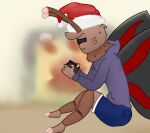  2_toes antennae_(anatomy) anthro arthropod blachuh brown_body brown_fur brown_hair butterfly christmas christmas_clothing claws clothed clothing digital_media_(artwork) feet fur gaming gomo hair hat headgear headwear hi_res holidays insect lepidopteran male neck_tuft playing_videogame smile solo toes tuft wings 