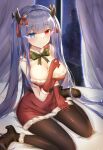  1girl azur_lane bangs bare_shoulders bed_sheet black_footwear black_legwear blue_eyes blue_hair boots bow breasts christmas cleavage closed_mouth commentary_request curtains dress elbow_gloves eyebrows_visible_through_hair fur-trimmed_boots fur-trimmed_dress fur-trimmed_gloves fur_trim gloves green_bow habu_rin hair_ornament heterochromia high_heel_boots high_heels highres horns ibuki_(azur_lane) long_hair looking_at_viewer medium_breasts night pantyhose red_dress red_eyes red_gloves smile solo star_(symbol) star_hair_ornament strapless strapless_dress twintails very_long_hair window 