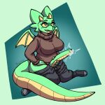  anthro big_breasts big_penis breasts clothed clothing dragon genitals gynomorph hi_res horn impishhyena intersex long_penis marilin_(inkplasm) partially_clothed penis solo sweater thick_tail thick_thighs tongue tongue_out topwear wings 