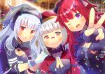  3girls :o ;d bangs black_gloves black_jacket blunt_bangs blurry blurry_background breasts brown_eyes cleavage cleavage_cutout closed_mouth clothing_cutout commission depth_of_field eyebrows_visible_through_hair fingerless_gloves gloves grey_hair hands_on_another&#039;s_shoulder headgear headphones jacket kou_hiyoyo long_sleeves medium_breasts multiple_girls one_eye_closed outstretched_arm own_hands_together parted_lips phantasy_star phantasy_star_online_2 pince-nez purple_eyes red_hair red_jacket silver_hair skeb_commission smile upper_body virtual_youtuber white_gloves 
