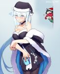  1boy 2girls black_bow black_dress black_santa_costume bow braid cernunnos_(fate) dress fairy_knight_tristan_(fate) fate/grand_order fate_(series) french_braid fur-trimmed_headwear fur_trim grey_eyes hat highres house_tag_denim light_blue_eyes long_hair morgan_le_fay_(fate) multiple_girls oberon_(fate) pantyhose pink_hair platinum_blonde_hair pointy_ears santa_costume santa_hat twitter_username two-tone_dress very_long_hair 