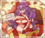  1girl ahoge areola_slip areolae breasts christmas christmas_lights christmas_present cleavage curvy english_commentary gift hair_ribbon hex_maniac_(pokemon) highres kurt_robinson lights long_hair looking_at_viewer open_mouth oversized_object plump pokemon pokemon_(game) pokemon_bw2 pokemon_xy pun purple_eyes purple_hair ribbon solo thick_thighs thighs very_long_hair wide_hips 