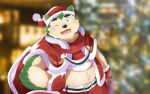  2021 absurd_res anthro blush canid canine canis christmas christmas_clothing christmas_headwear clothing costume domestic_dog fur green_body green_fur hat headgear headwear hi_res holidays kemono lifewonders live-a-hero male mammal mokdai one_eye_closed overweight overweight_male pig_p0318 santa_costume santa_hat solo video_games wink young 