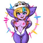  alternate_color big_breasts breasts clothed clothing female flashing flashing_breasts humanoid kigurumi league_of_legends marshort not_furry open_mouth open_smile pajamas partially_clothed riot_games simple_background smile solo tristana_(lol) video_games white_background yordle 