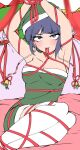  1girl arms_up bell boku_no_hero_academia bound bound_wrists bow breasts cleavage dress gift green_dress hat highres jirou_kyouka kneehighs lace looking_at_viewer purple_eyes purple_hair santa_dress santa_hat shinonome_mozuku solo white_legwear 