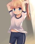  1girl adjusting_hair arms_up blonde_hair blue_eyes blue_shorts gym_uniform hair_tie highres long_hair mouth_hold navel original p-hone ponytail shirt short_sleeves shorts solo white_shirt 