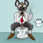  accidental_wetting aggressive_retsuko anthro bodily_fluids distracted genital_fluids genitals haida hi_res hyaenid illegaleel looking_at_object looking_at_phone male mammal peeing penis penis_through_fly poking_out sanrio sitting_on_toilet solo spotted_hyena toilet_use unzipped urine urine_pool watersports 