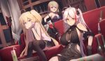 3girls admiral_hipper_(azur_lane) admiral_hipper_(muse)_(azur_lane) azur_lane bangs bare_shoulders blonde_hair blush breasts couch dress green_eyes highres itaco large_breasts long_hair looking_at_viewer medium_breasts multiple_girls official_alternate_costume open_mouth orange_eyes prinz_eugen_(azur_lane) purple_eyes short_hair silver_hair sitting small_breasts two_side_up z23_(azur_lane) 