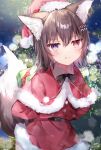  1girl animal_ears bangs belt blush brown_hair christmas christmas_tree commentary_request hat highres looking_at_viewer night original pout ribbon rukako santa_costume santa_hat snow solo tail tsundere 