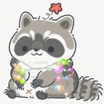  2021 black_eyes black_nose chibi christmas_decorations dot_eyes feral mammal navel procyonid raccoon simple_background sitting solo x_navel yencatx 