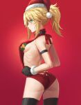  1girl arched_back ass back bangs bare_arms bare_shoulders belt blonde_hair box braid breasts commentary_request eyebrows_visible_through_hair fate/apocrypha fate_(series) from_side gift gift_box green_eyes hat highres long_hair looking_at_viewer looking_to_the_side meme_attire mordred_(fate) mordred_(fate/apocrypha) ponytail pout profile red_background red_sweater santa_hat sideboob simple_background small_breasts solo sweater teeth thighs tonee virgin_killer_sweater 