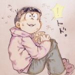  ! 1boy :3 bangs black_eyes black_hair blue_pants blunt_bangs commentary_request constricted_pupils flying_sweatdrops from_side full_body hands_up hood hoodie knees_up long_sleeves lowres male_focus matsuno_todomatsu nervous nervous_smile open_mouth osomatsu-san own_hands_together oyama_yoihaya pants purple_hoodie purple_sweater red_footwear shiny shiny_hair shoes short_hair simple_background sitting sketch smile solo speech_bubble spoken_exclamation_mark sweat sweater traditional_media translated white_background 