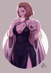  1girl benoit_picard black_dress breasts brown_eyes brown_hair choker cleavage collarbone cowboy_shot dress fire_emblem fire_emblem:_three_houses fur_coat halterneck highres large_breasts looking_at_viewer manuela_casagranda mole mole_under_eye short_hair side_slit solo 