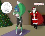  anklet anthro aventis aventis_vixxx blue_hair bottomwear breasts brown_eyes canid canine chimney christmas christmas_tree clothing dialogue duo exercise female fox gesture hair holidays human jewelry male male/female mammal navel pants plant santa_claus suggestive suggestive_dialogue suggestive_gesture suggestive_pose tight_clothing tree yoga_mat yoga_pants 