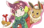  1girl ahoge bangs brown_hair chloe_(pokemon) closed_mouth coat commentary_request earmuffs eevee eyelashes gift green_eyes green_scarf holding holding_gift long_hair long_sleeves mittens pokemon pokemon_(anime) pokemon_(creature) pokemon_swsh_(anime) red_coat scarf smile split_mouth yasuda_shuuhei 