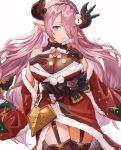  1girl bare_shoulders black_gloves black_sash blue_eyes bow braid breasts brown_legwear center_opening cleavage cowboy_shot crown_braid detached_sleeves draph dress fur-trimmed_dress fur-trimmed_sleeves fur_trim garter_straps gloves granblue_fantasy hair_bow hair_ornament hair_over_one_eye hand_on_own_chest highres holly_hair_ornament horns large_breasts long_hair looking_at_viewer low-tied_long_hair low_tied_hair narmaya_(granblue_fantasy) pink_hair pointy_ears pom_pom_(clothes) red_dress red_sleeves santa_dress sash shi_noho side_braid signature skin_tight snowman_hair_ornament thighhighs wide_sleeves 