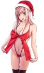  1girl applekun bikini black_legwear blue_eyes bow breasts christmas cleavage earrings fate/grand_order fate_(series) hat highres jewelry leaf long_hair maple_leaf medium_breasts miyamoto_musashi_(fate) miyamoto_musashi_(swimsuit_berserker)_(fate) navel open_mouth pink_hair red_bow revealing_clothes santa_bikini santa_hat simple_background slingshot_swimsuit solo straight_hair swimsuit thighhighs white_background 