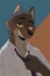  2021 adjusting_clothing anthro canid canine canis clothing dreamworks fur hi_res male mammal mr._wolf_(the_bad_guys) necktie oonekoh smile teeth the_bad_guys white_clothing wolf 