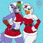  avian beak bird blue_eyes bottomwear breasts canid canine canis chicken christmas christmas_clothing christmas_headwear claws clothing dress feathers five_nights_at_freddy&#039;s five_nights_at_freddy&#039;s:_security_breach fur galliform gallus_(genus) glamrock_chica_(fnaf) gloves green_hair grey_body grey_fur grey_skin hair hand_on_hip handwear headgear headwear holidays looking_at_viewer mammal mistletoe phasianid piercing plant roxanne_wolf_(fnaf) scottgames skirt steel_wool_studios tail_feathers teeth thevgbear topwear video_games white_body white_feathers white_hair white_skin wolf yellow_eyes 