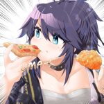  1girl bandages bangs black_choker black_jacket blue_eyes blue_hair breasts chest_sarashi chicken_(food) choker cleavage collarbone commentary_request emphasis_lines eyebrows_visible_through_hair food hands_up highres holding holding_food indie_virtual_youtuber jacket kaho_(amal135) kson looking_to_the_side multicolored_hair no_eyewear open_clothes open_jacket pizza ponytail purple_hair sarashi solo souchou strapless streaked_hair tube_top v-shaped_eyebrows white_background 