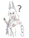  1girl :/ ? animal_ear_fluff animal_ears azur_lane bandaid bandaid_on_pussy blue_eyes braid butt_plug closed_mouth fake_animal_ears hairband le_malin_(azur_lane) le_malin_(listless_lapin)_(azur_lane) long_hair looking_at_object low_twin_braids pantyhose rabbit_ears sex_toy silver_hair simple_background sketch solo standing thigh_strap twin_braids very_long_hair white_background white_legwear windup wrist_cuffs 