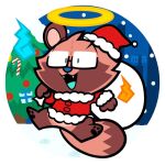  2021 anthro brown_body canid canine chibi christmas christmas_clothing christmas_headwear christmas_tree clothing costume cute_fangs eyewear glasses hat headgear headwear holidays kokushiki mammal outside plant raccoon_dog santa_costume santa_hat snow snowing solo tanuki tree 