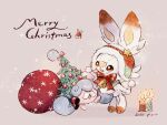  brown_eyes candle christmas_tree commentary_request dated facial_hair fire flame grey_background hatenna merry_christmas mustache no_humans open_mouth pokemon pokemon_(creature) sack scorbunny smile standing tiptoes zzzpani 