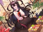  1girl ahoge bento black_hair earrings epic_seven flower food food_art hair_ornament hanbok hanh_chu_(r_a) happy_new_year highres jewelry korean_clothes long_hair new_year open_mouth pantyhose paper_wall petals purple_eyes purple_nails red_flower solo specter_tenebria_(dark_tyrant)_(epic_seven) specter_tenebria_(epic_seven) tako-san_wiener tenebria_(epic_seven) wisteria 