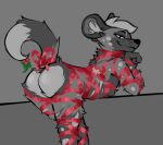  2021 african_wild_dog anthro bow_ribbon butt canid canine digital_media_(artwork) fur juantriforce looking_at_viewer looking_back looking_back_at_viewer male mammal milo_(juantriforce) presenting presenting_hindquarters smile solo spot_color spots spotted_body spotted_fur 