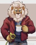  2021 5_fingers anthro band-aid bandage blue_eyes clay_calloway_(sing) clothing container cup eyebrows felid fingers hi_res holding_object illumination_entertainment lion looking_at_viewer male mammal mane overcyan pantherine sing_(movie) solo water_hose whiskers white_mane 