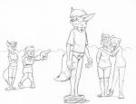  anthro bottomwear briefs bulge cirruskitfox clothed clothing eyes_closed eyewear female frown glasses group hand_on_shoulder humiliation laugh male misha_(gammaeradon) monochrome open_mouth pants_down partially_clothed shirt sketch skirt t-shirt tongue_showing topwear underwear 