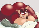  activision anthro bandicoot bed big_butt butt colelucario crash_bandicoot_(series) crunch_bandicoot facial_hair flirting flirting_with_viewer fur furniture goatee hi_res huge_butt huge_pecs lying male mammal marsupial metal_arm muscular nude on_front pillow red_body red_fur smile smiling_at_viewer solo video_games 